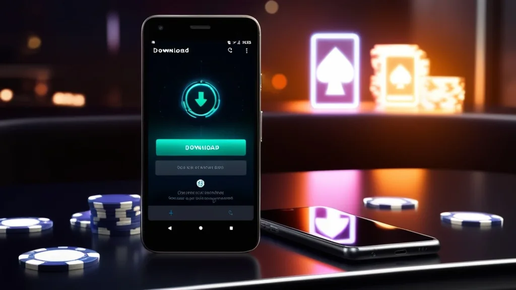 Κινητό Android με οθόνη λήψης εφαρμογής σε σκοτεινό καζίνο